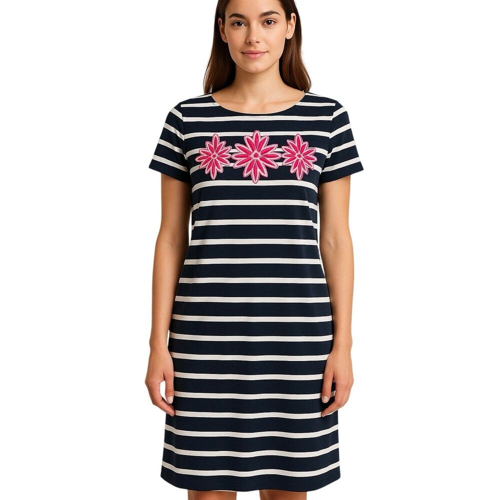Bob Mackie pink and white flower appliqué black & white striped dress. Size M.